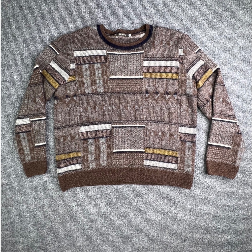 Sol Sweater Mens Large Brown 100% Baby Alpaca Wool Geometric Knit Crewneck Peru